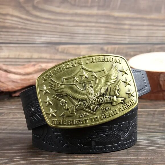 America Second Amendment Belt‎ Buckle 2A, 2nd, Freedom, Guns Antique Gold Tone - Picture 2 of 5